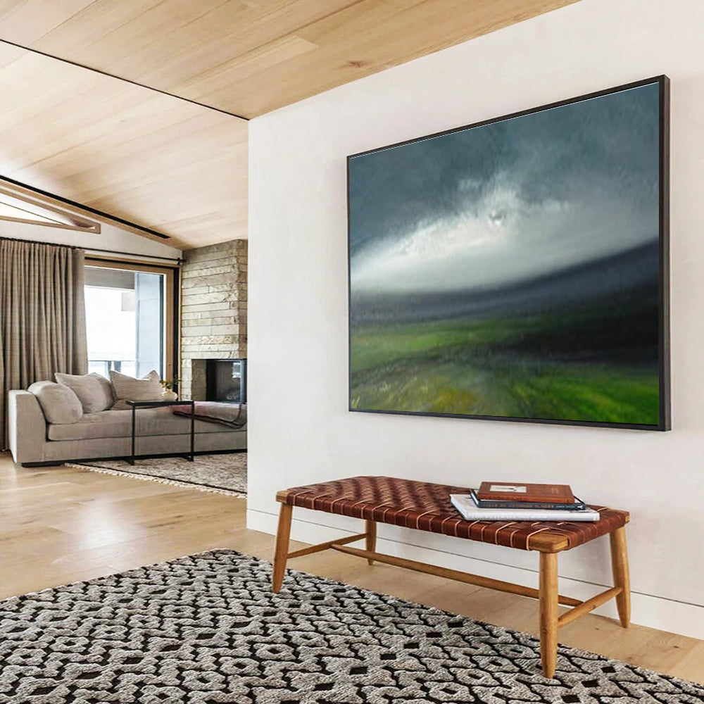 Horizontal Gray and Green Abstract Landscape, Abstract Acrylic Painting WB166