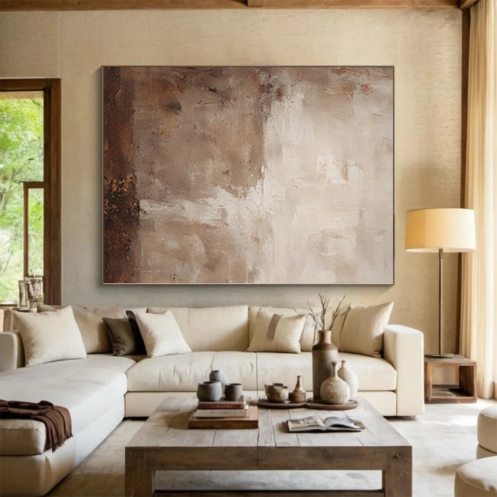 Hand-Painted Beige and Brown Abstract Textured Painting For Sale HS070