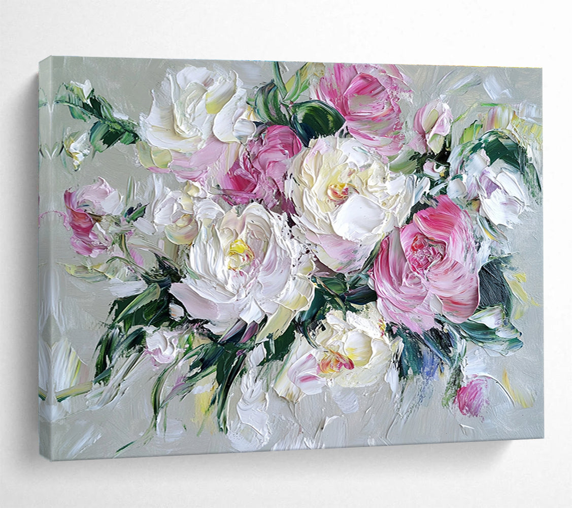 Hand Painted Art with Pink, White and Green Colors, Peony Bouquet Theme Abstract Painting WB321
