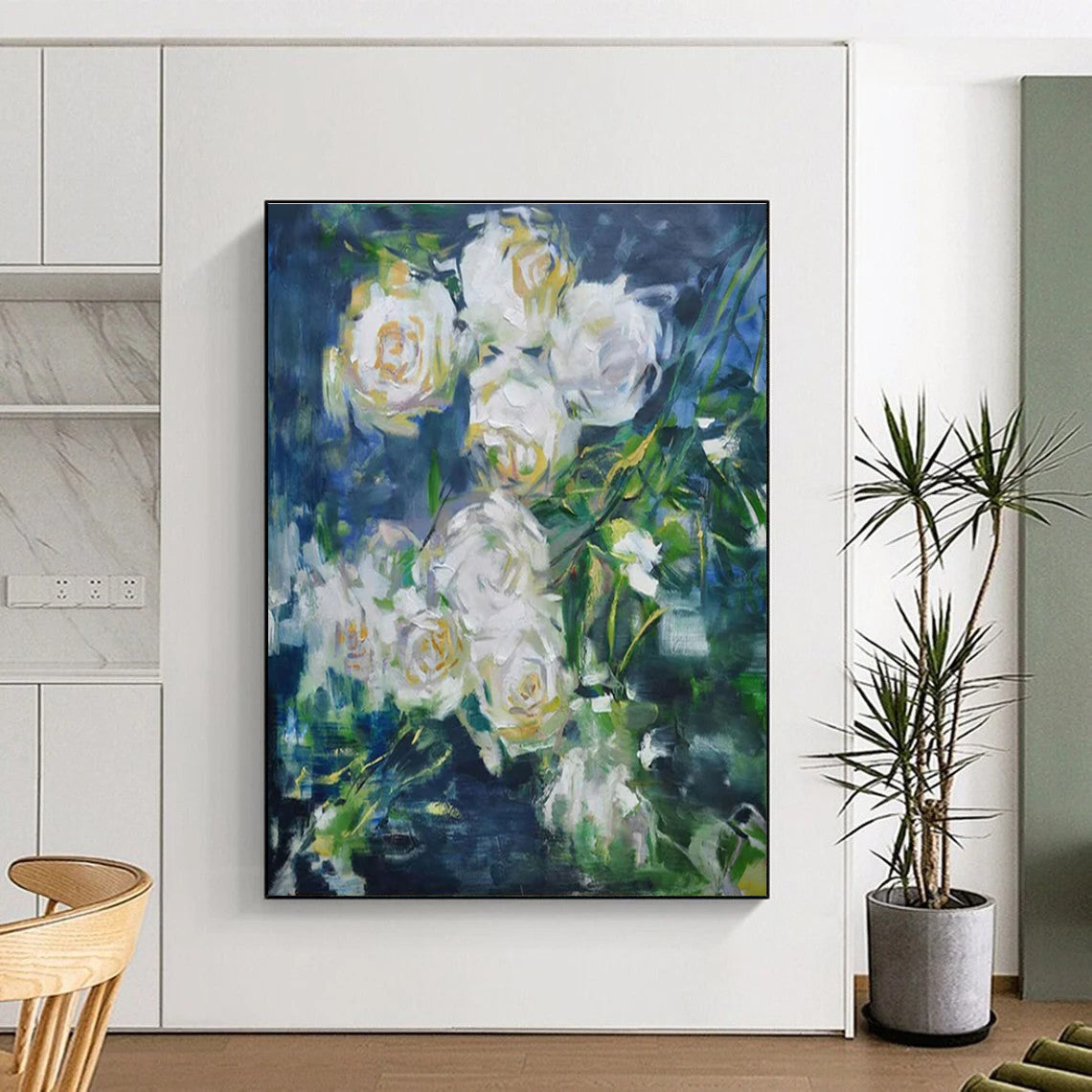 Hand Painted Art White Floral on Blue Abstract Painting HS608