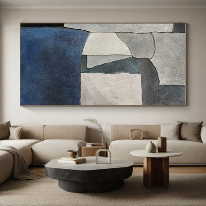 Handmade Art Gray & Blue Geometric Abstract, Minimalist Canvas Art HS434