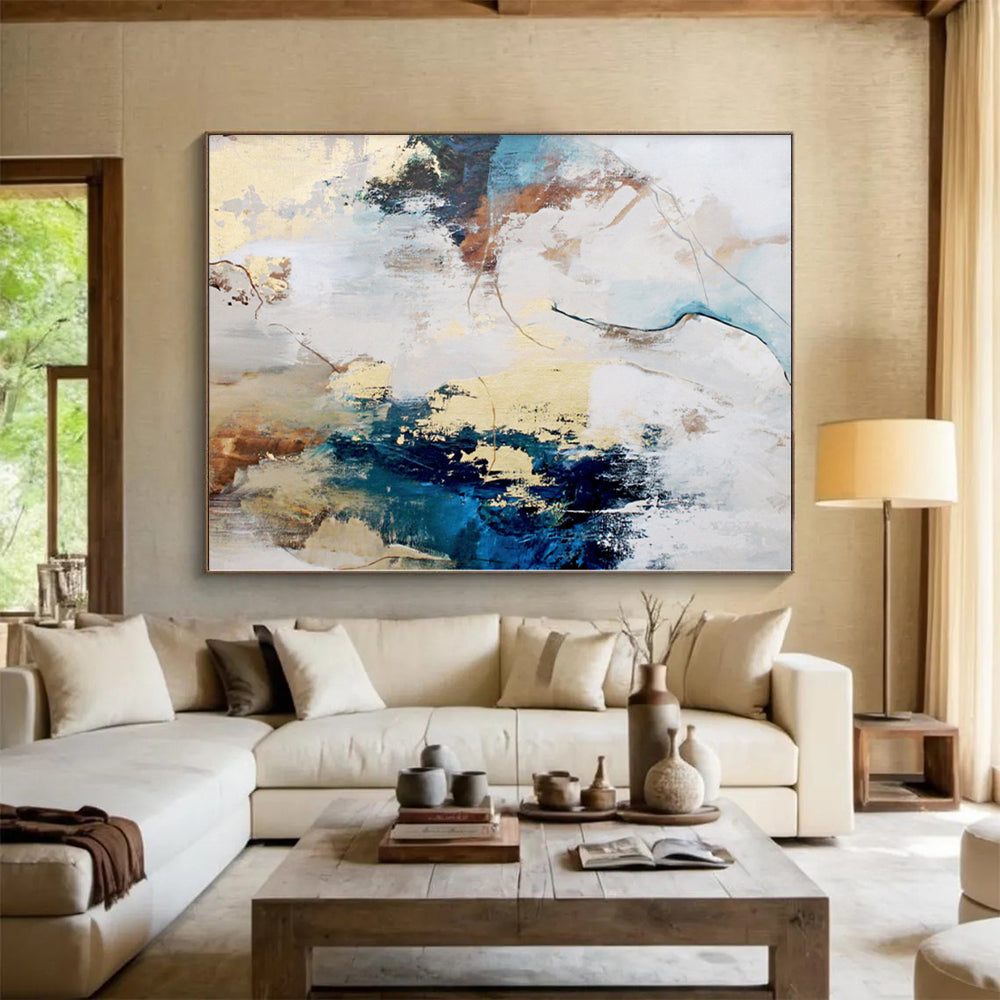 Hand-Painted Blue, Beige, and Gold Abstract Textured Painting For Sale HS011