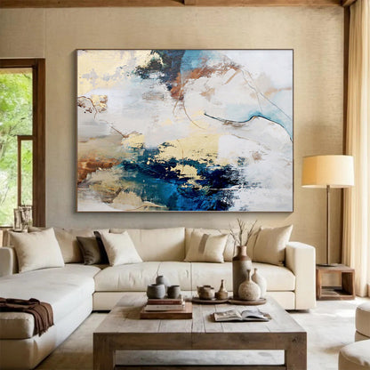 Hand-Painted Blue, Beige, and Gold Abstract Textured Painting For Sale HS011