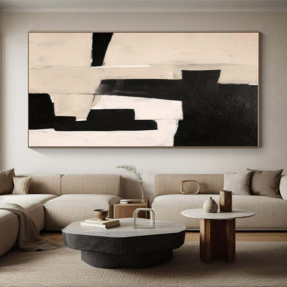Large Contemporary Wall Art Black, White, and Beige Geometric Abstract Art HS667