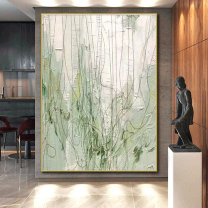 Unique Abstract Art Green & White Line Abstract, Large Contemporary Wall Art HS346