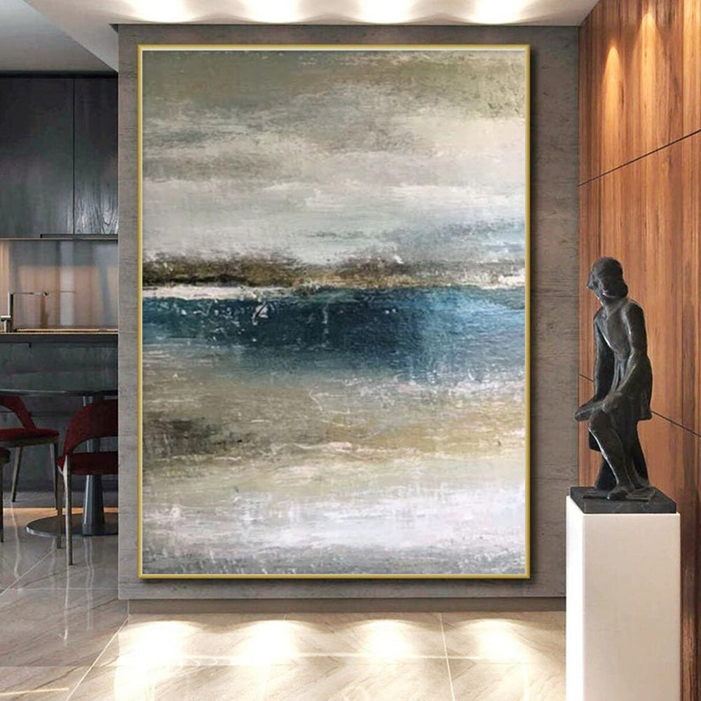 Hand-Painted Acrylic Modern Art Painting with Blue, Gray, Beige Textures - Large Contemporary Wall Art HS511