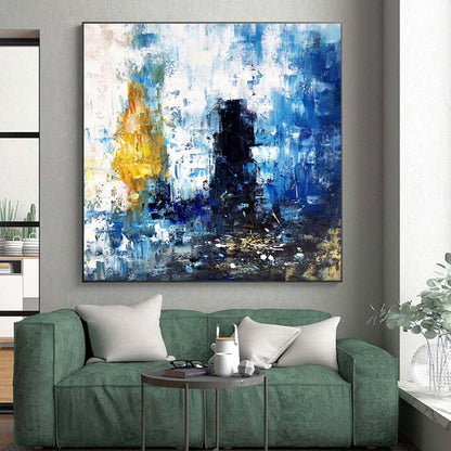 Hand-Painted Blue, Yellow & Black Gestural Abstract, Acrylic Modern Art Painting HS432