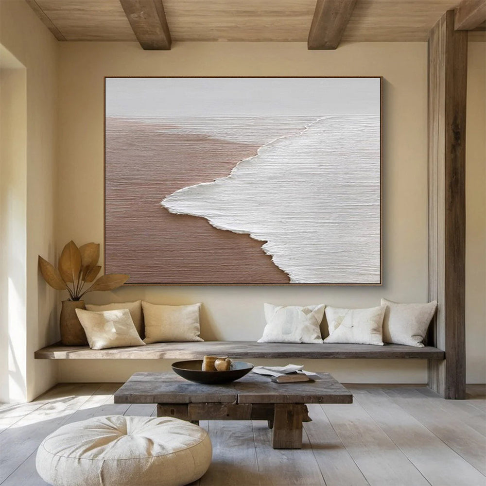 Horizontal Extra Large Size Brown and White Abstract Seaside Painting WB220