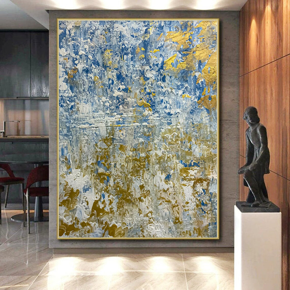 Hand Painted Art Blue, White, and Gold Abstract Textured Seaside Painting For Sale HS108