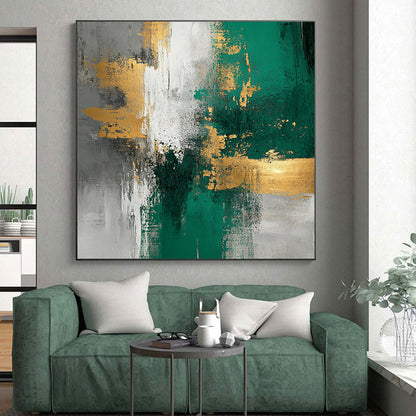 Large Size Green, Gold, and Gray Abstract Textured Painting For Sale HS110