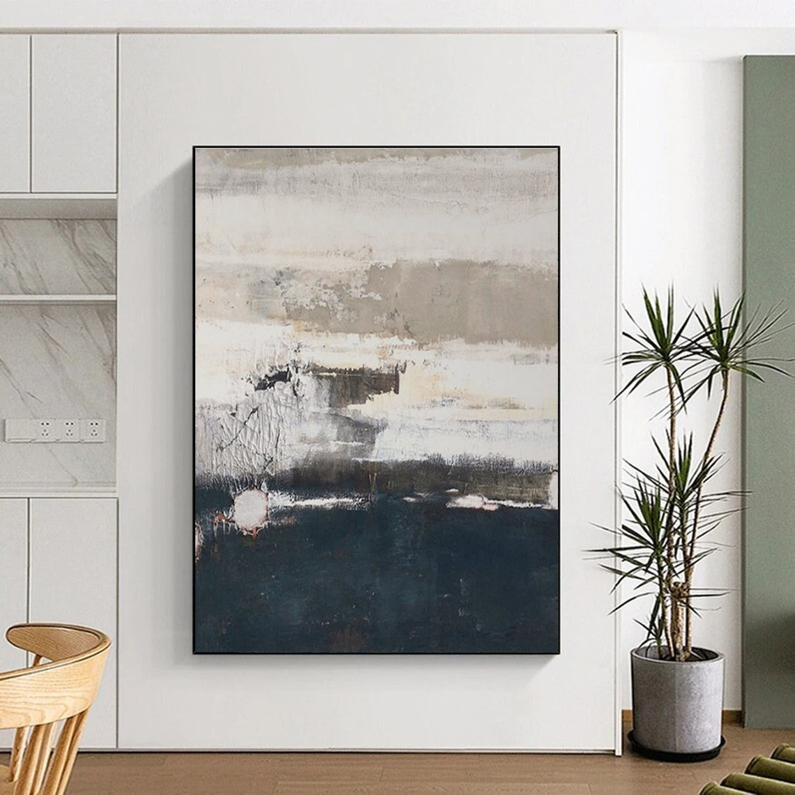 Large Contemporary Wall Art Gray, White, and Navy Textured Abstract Landscape HS633