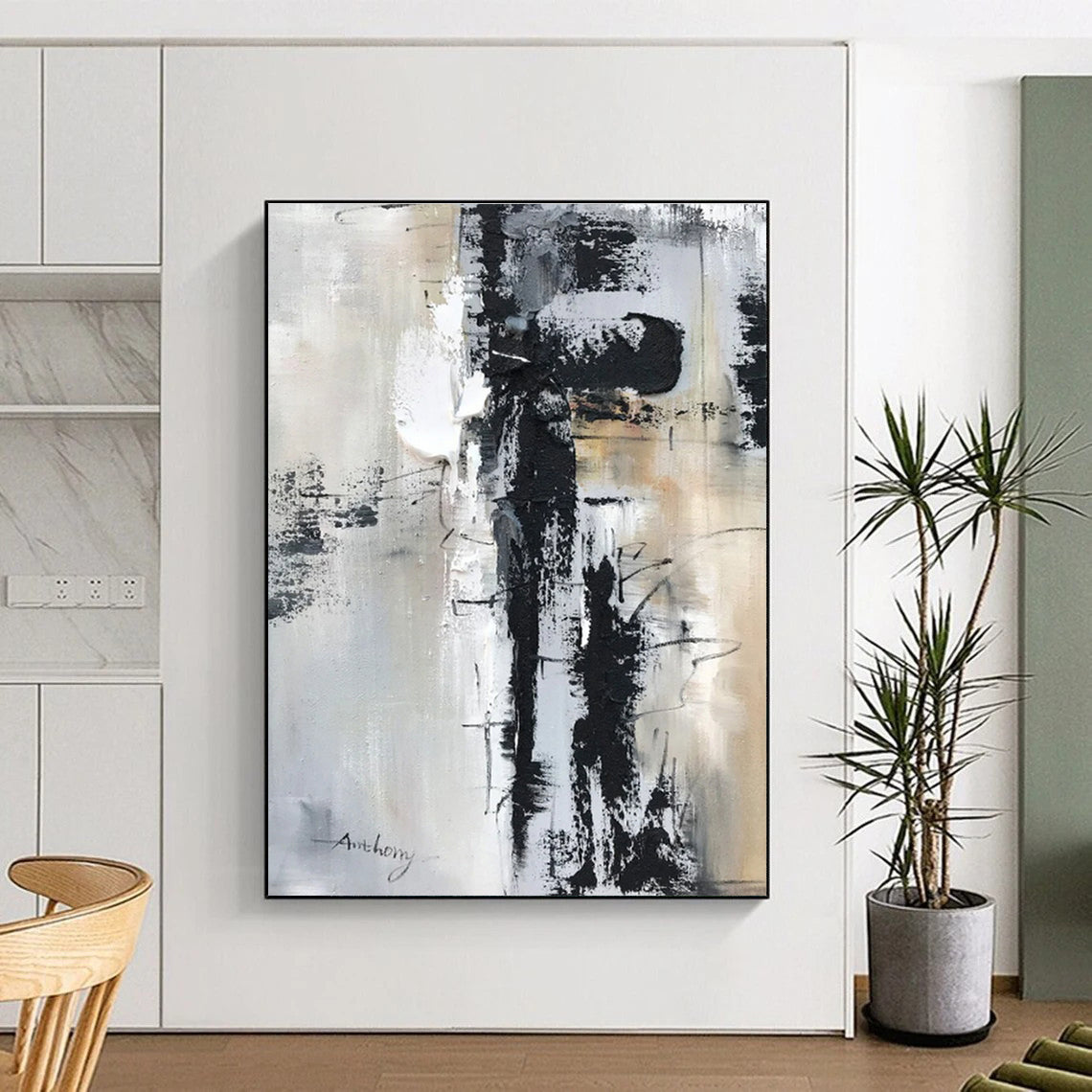 Large Contemporary Wall Art with Black, White, Gray and Beige Colors, Abstract Textured Theme HS469