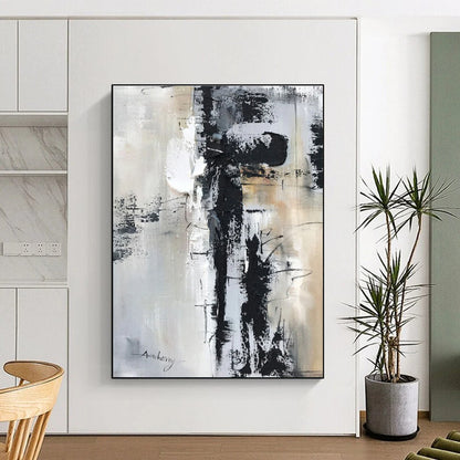 Large Contemporary Wall Art with Black, White, Gray and Beige Colors, Abstract Textured Theme HS469