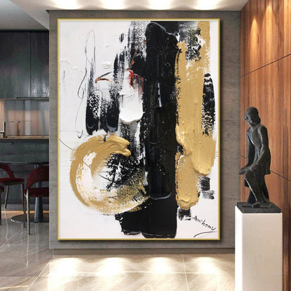 Acrylic Modern Art Paintings with Black, White, Gold and Beige Colors, Dynamic Abstract Theme HS474