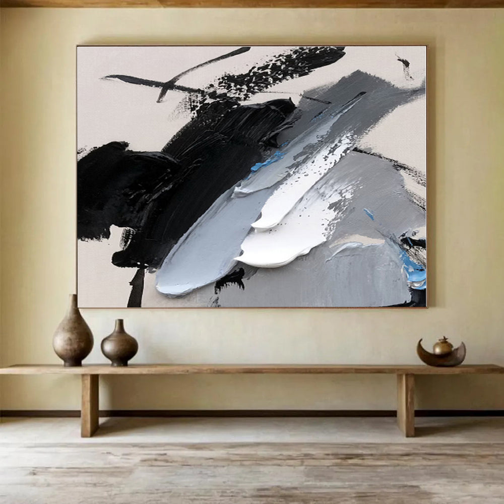 Oversized Canvas Art Black, Gray and White Abstract Textured Painting WB087