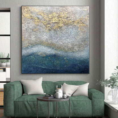 Hand-Painted Gray, Blue, and Gold Textured Abstract Painting For Sale HS005