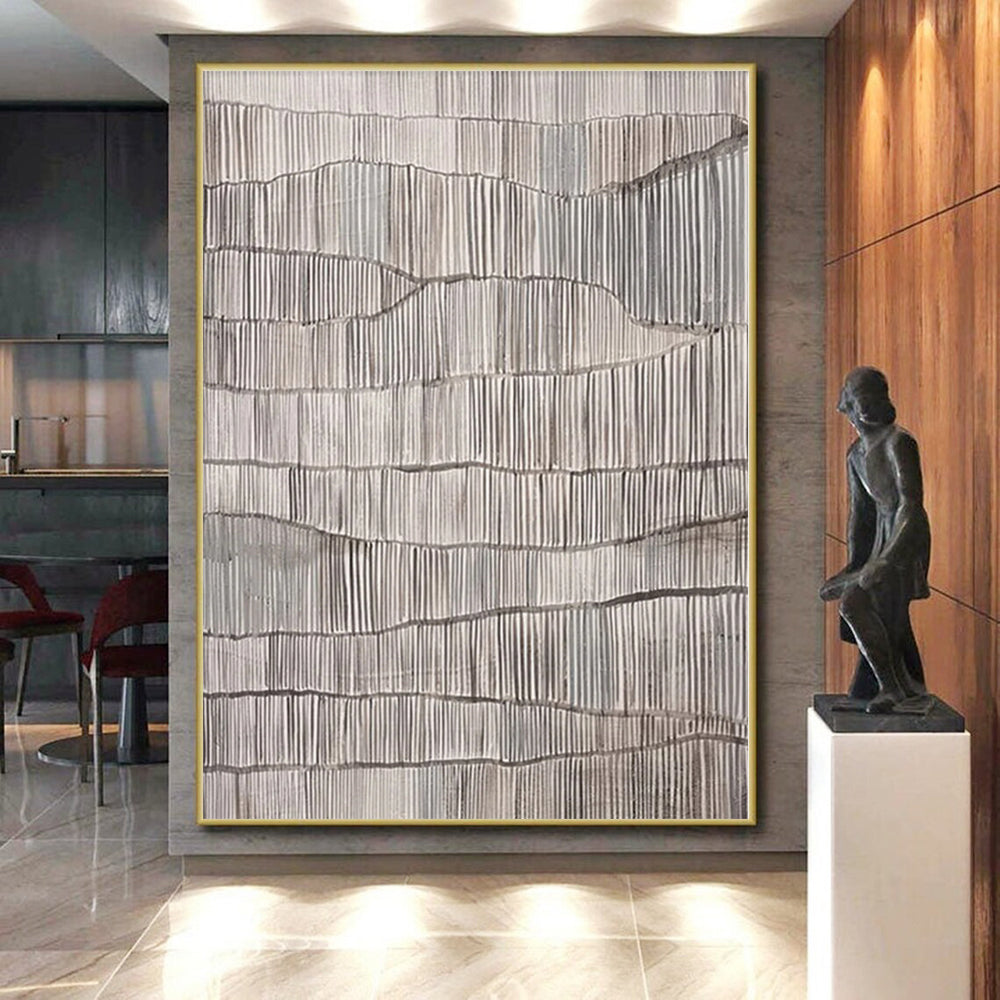 Hand-Painted Gray and White Textured Abstract Linear Painting For Sale HS016
