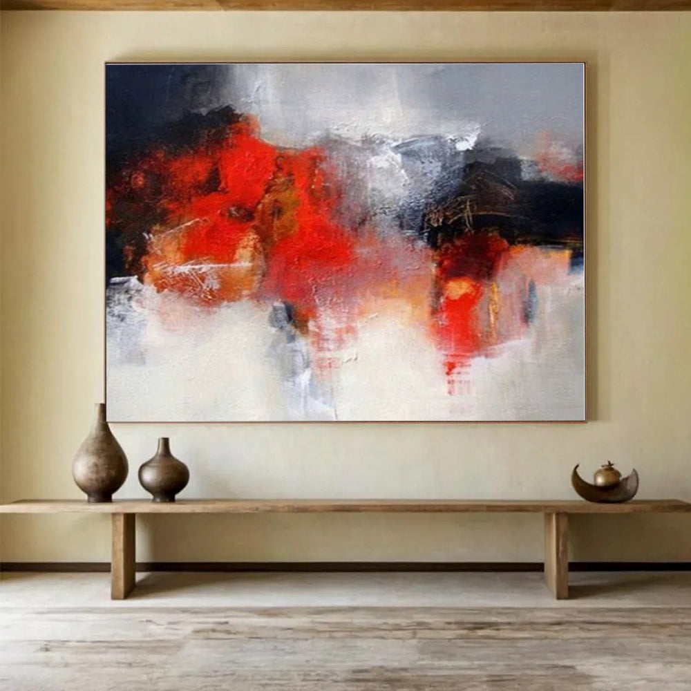 Oversized Canvas Art Red, Gray and White Abstract Expressionist Painting WB102