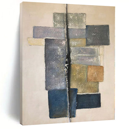 Hand-Painted Gray, Blue, and Beige Abstract Geometric Block Painting For Sale HS018
