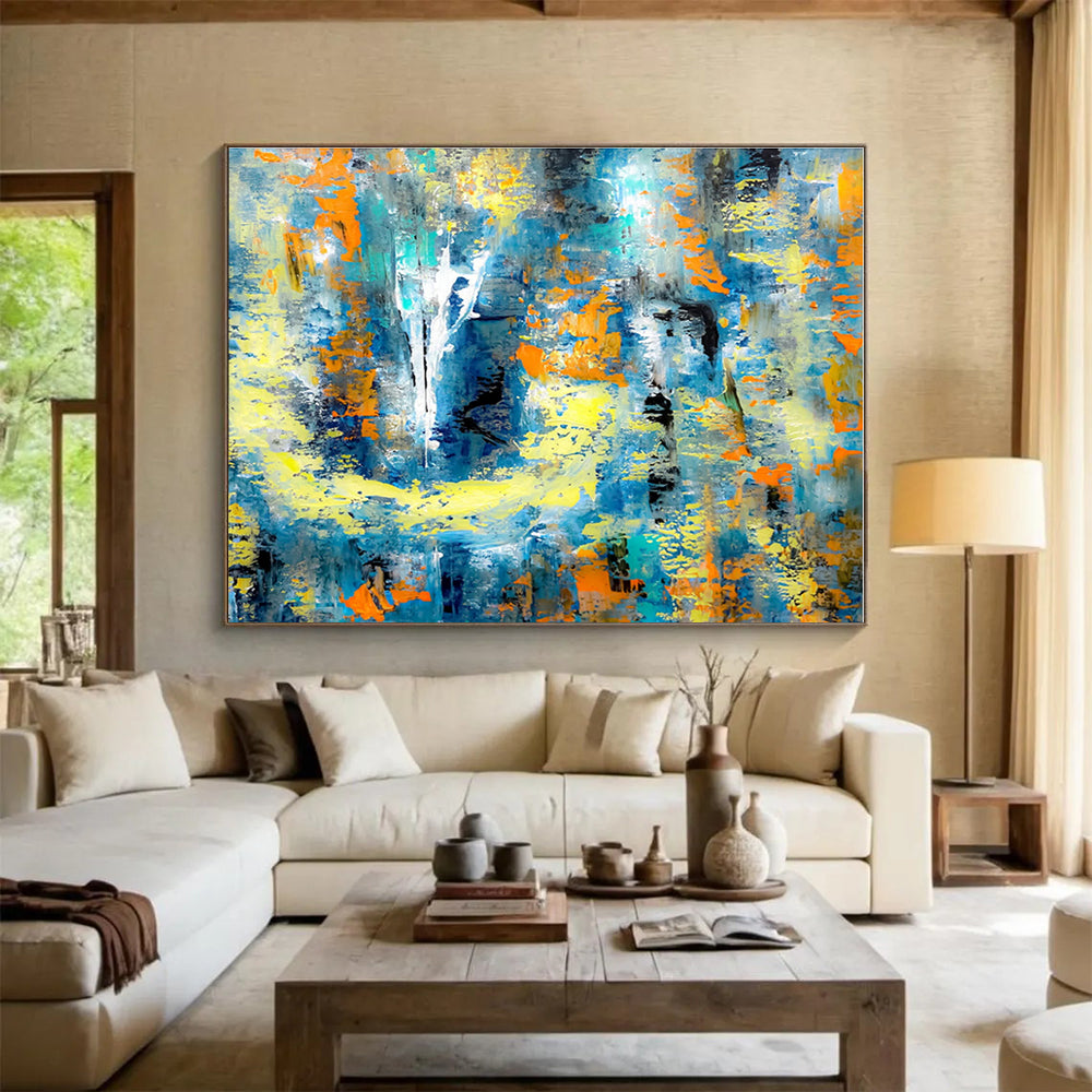 Extra Large Size Blue, Yellow, and Orange Abstract Splash Art, Abstract Acrylic Painting WB162