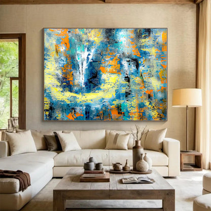 Extra Large Size Blue, Yellow, and Orange Abstract Splash Art, Abstract Acrylic Painting WB162