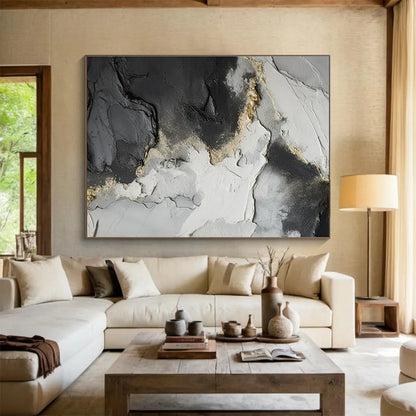 Contemporary Abstract Art: Black Grey and Gold Textured Abstract Painting WB361