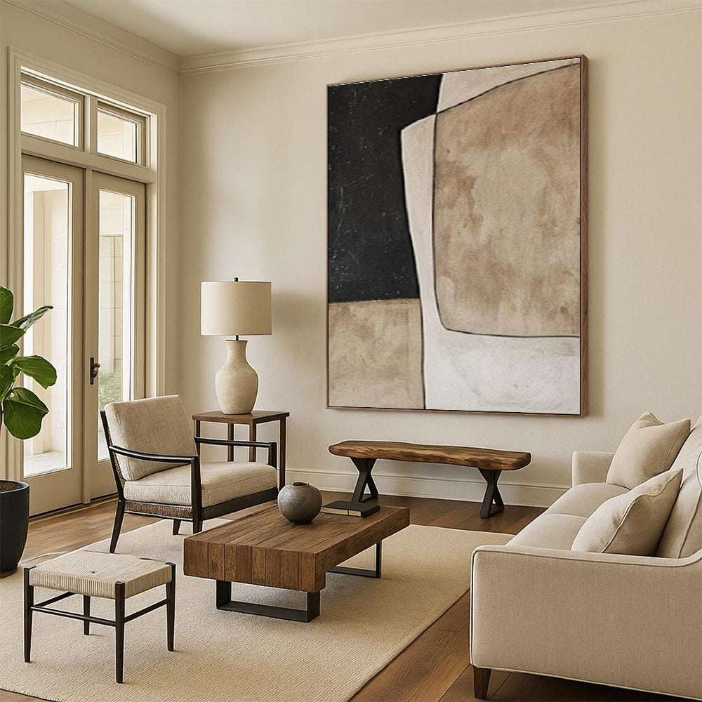 Handmade Art Black, Beige, and Brown Geometric Abstract Art HS685