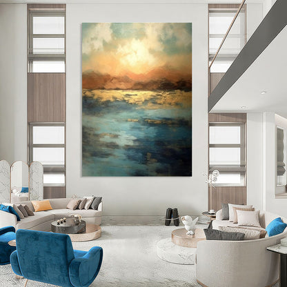 Blue, Gold, and Orange Abstract Seaside Sunset Painting For Sale Online WS491