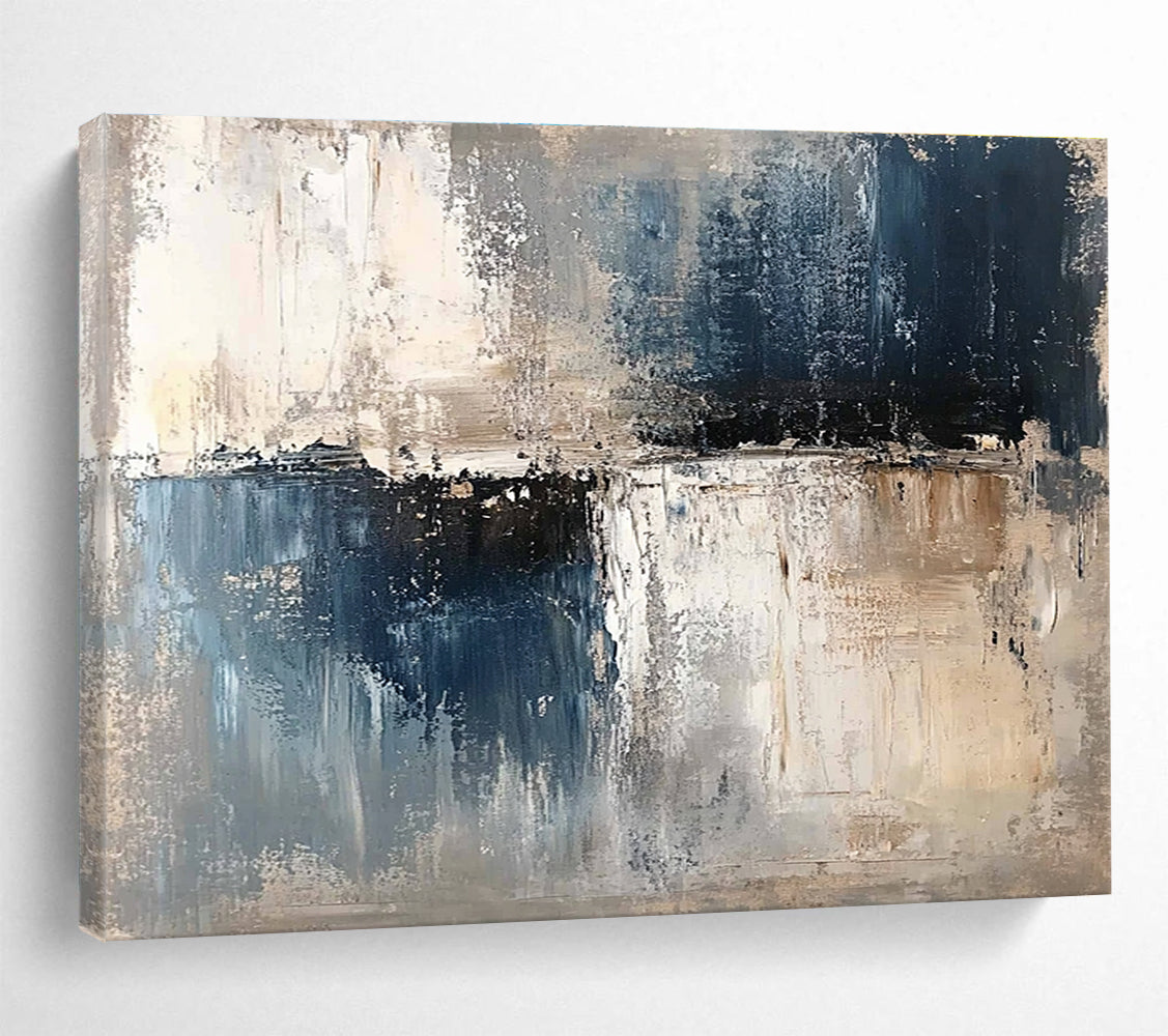Oversized Canvas Art Blue, Gray, and Beige Abstract Textured Landscape - Acrylic Painting WB277