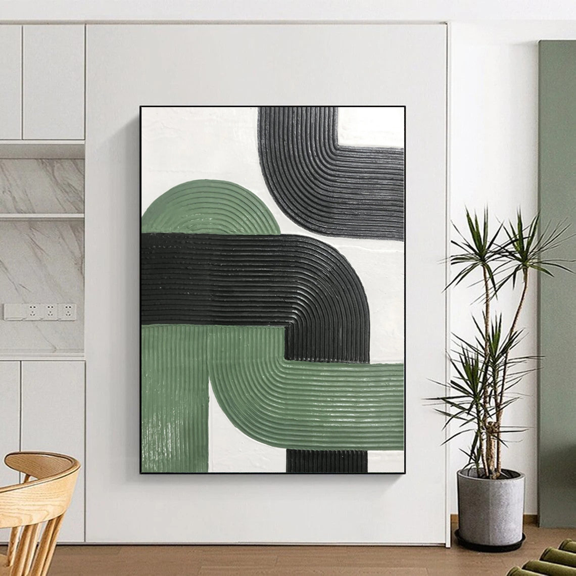 Hand-Painted Green, Black, and White Abstract Curved Line Textured Painting For Sale HS033