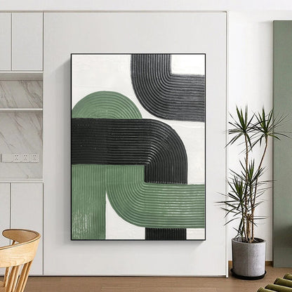 Hand-Painted Green, Black, and White Abstract Curved Line Textured Painting For Sale HS033