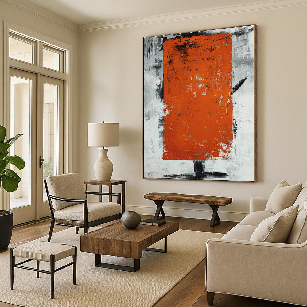 Hand Painted Art Orange & Gray Textured Abstract Geometric Block Art HS403