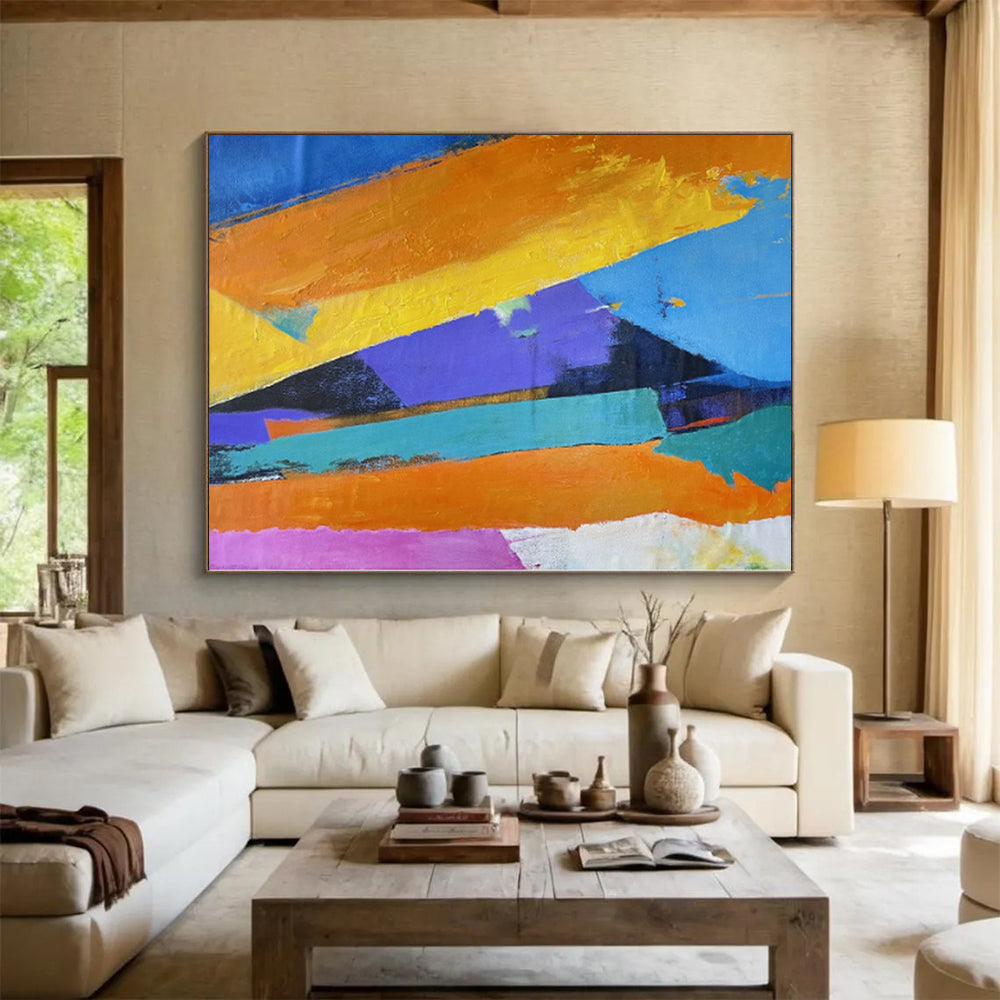 Hand-Painted Multicolor Abstract Geometric Shape Painting For Sale HS069