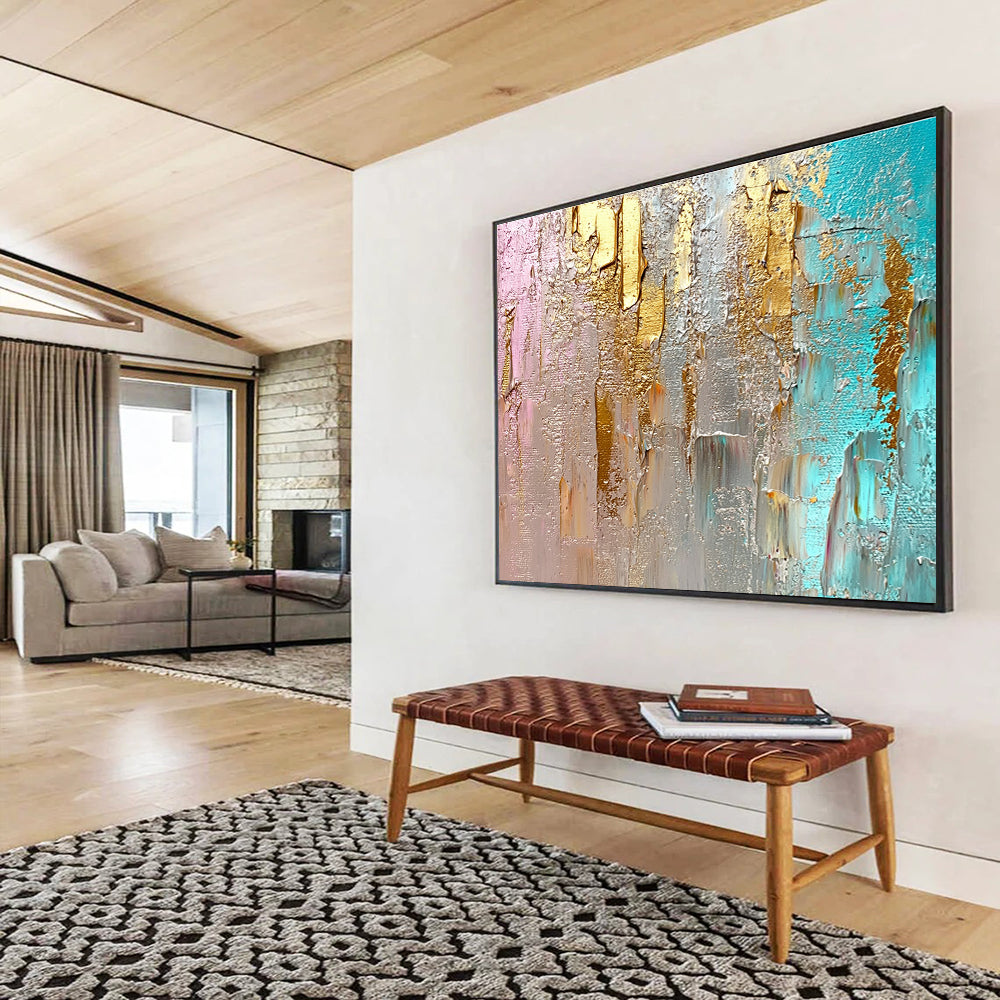 Big Size Gold, Silver, Teal, and Pink Abstract Textured Art - Acrylic Painting WB276