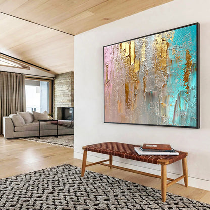 Big Size Gold, Silver, Teal, and Pink Abstract Textured Art - Acrylic Painting WB276
