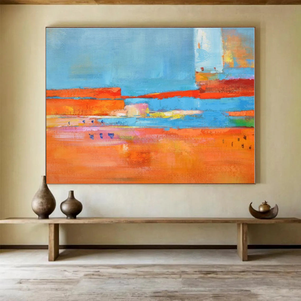 Oversized Canvas Art Blue, Orange and Red Abstract Landscape Painting WB099