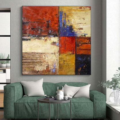 Big Painting Red, Blue, Yellow & Brown Abstract Geometric Blocks Art HS385