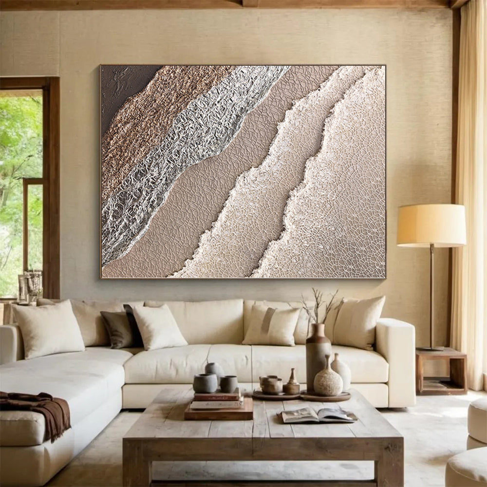 Hand-Painted Beige, Gray, and Brown Textured Layered Abstract Painting For Sale HS009