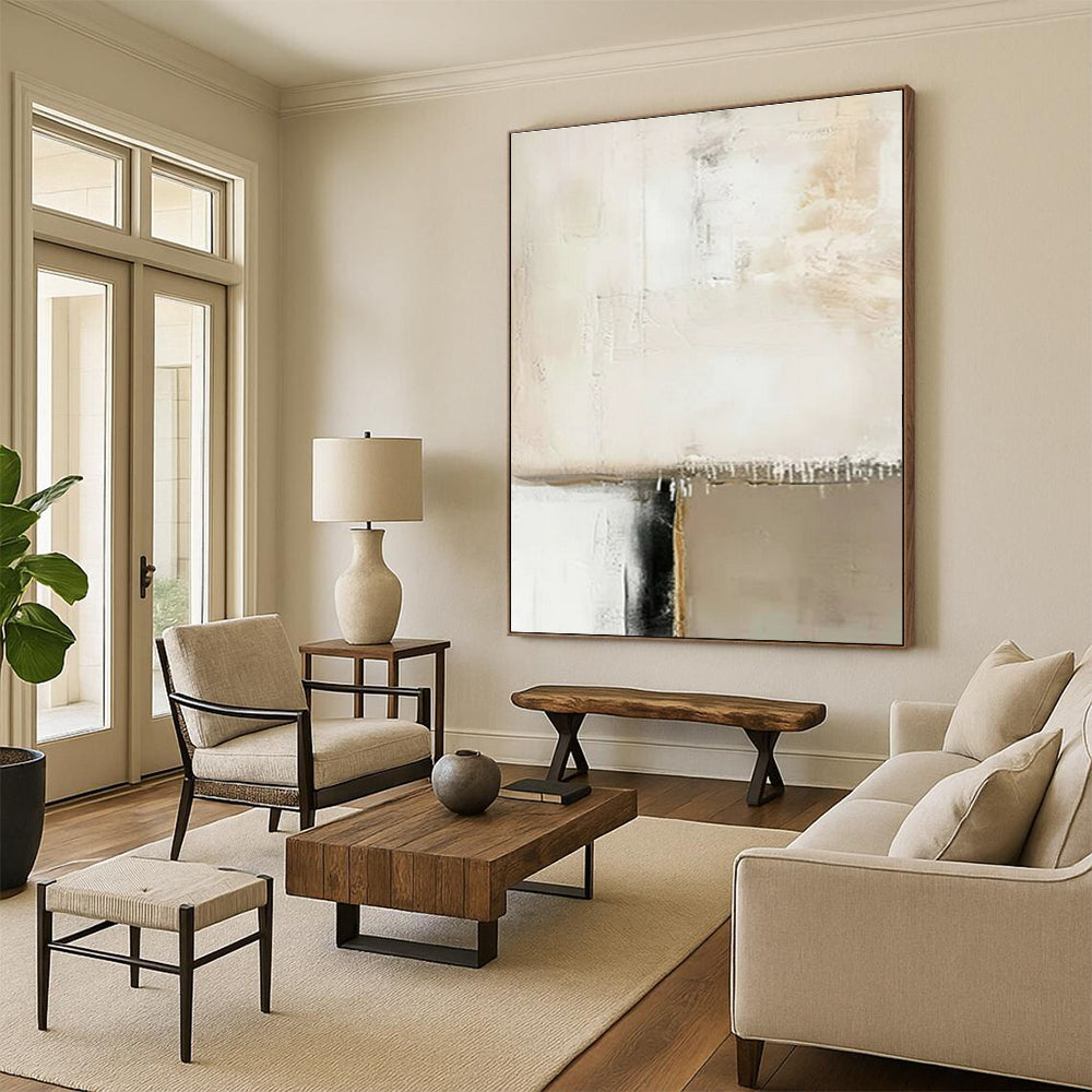 Unique Abstract Art Beige, White, and Black Textured Abstract Painting On Canvas HS786