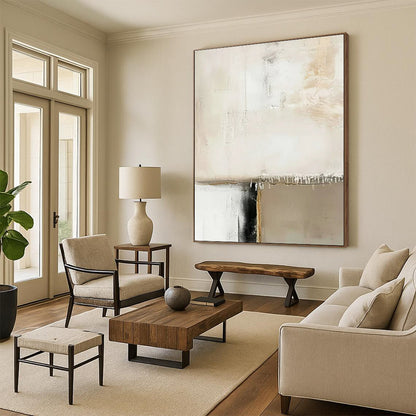 Unique Abstract Art Beige, White, and Black Textured Abstract Painting On Canvas HS786