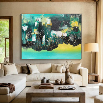 Handmade Art Teal, Black & Gold Speckled Abstract, Large Contemporary Wall Art HS212
