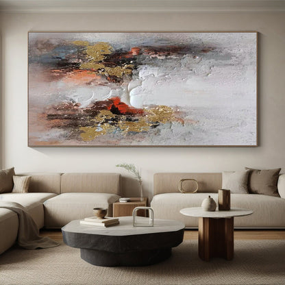 Hand-Painted Gray, White, Gold, and Red Abstract Textured Painting For Sale HS031