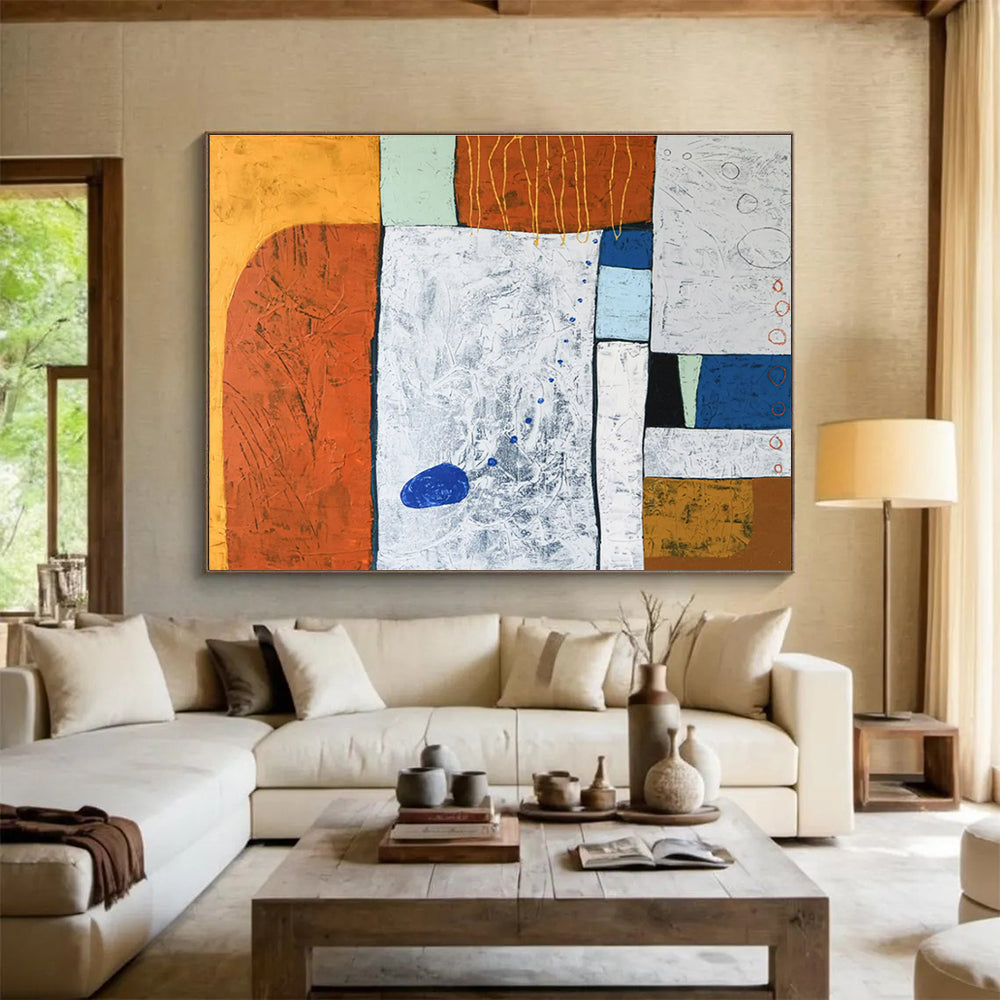 Orange, Blue, White Abstract Geometric Art For Sale WB414