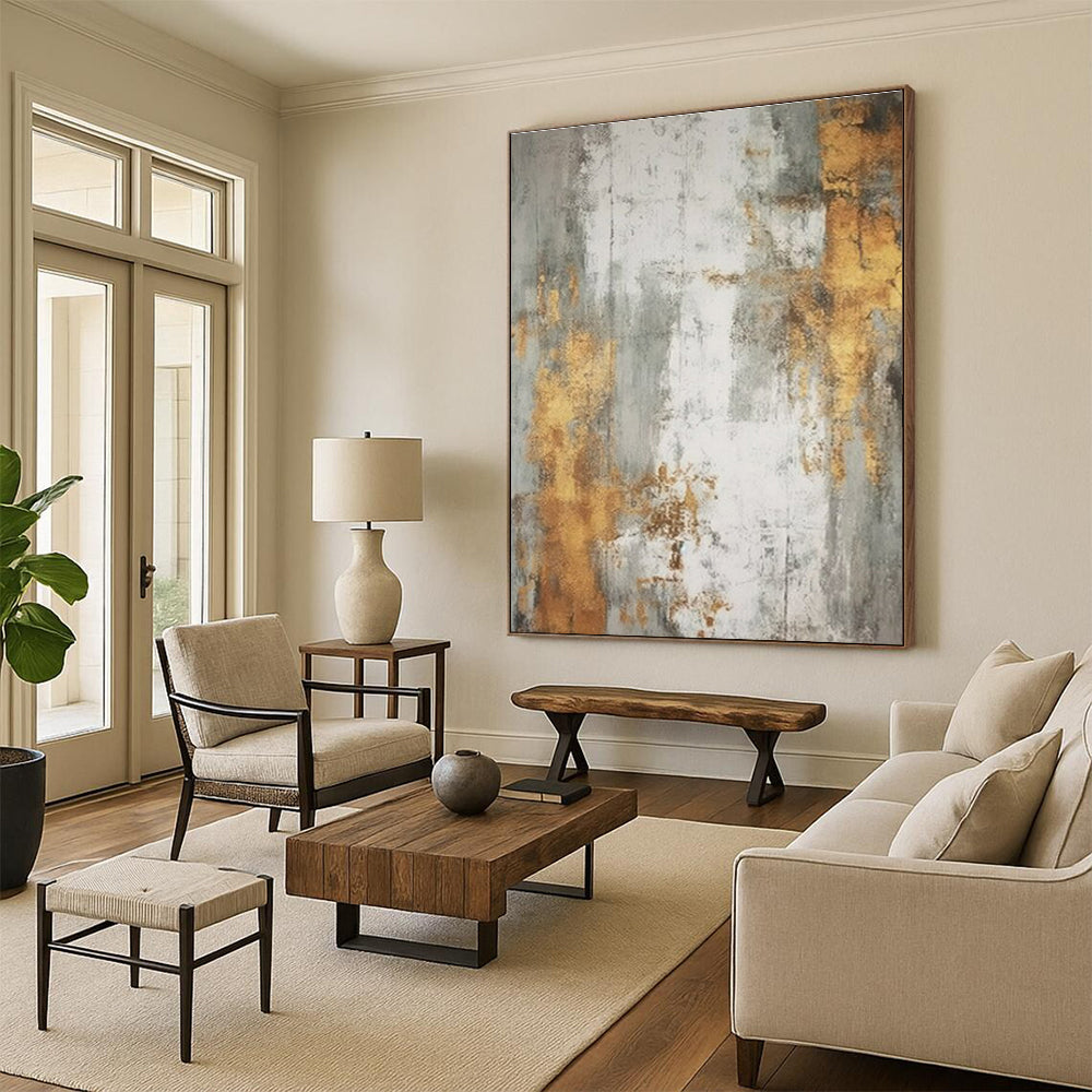 Unique Abstract Art Gold, Gray, and White Textured Abstract Art HS740