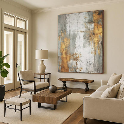 Unique Abstract Art Gold, Gray, and White Textured Abstract Art HS740