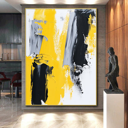 Large Size Yellow, Black, and Gray Abstract Expressive Painting For Sale HS134
