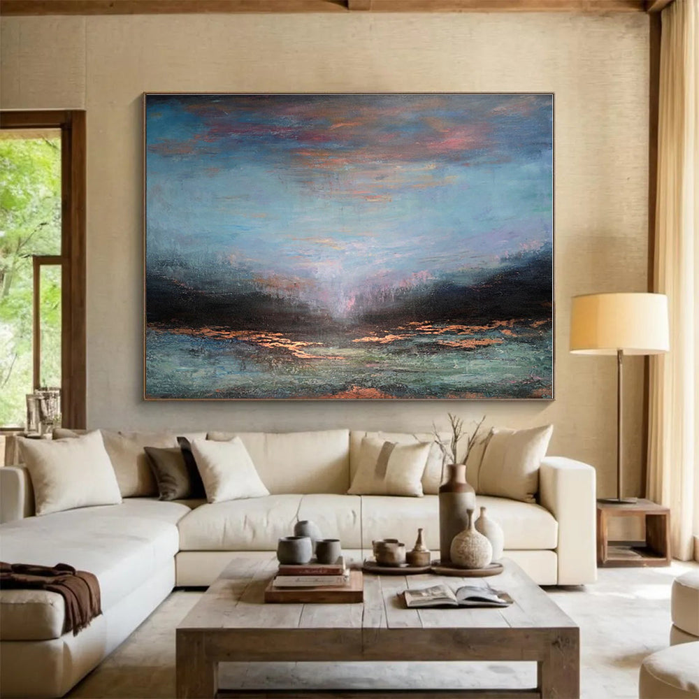 Big Size Blue, Pink and Bronze Abstract Landscape Painting WB141
