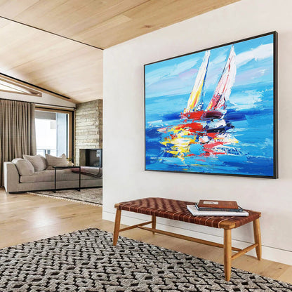 Oversized Canvas Art in Blue and Multicolor Sailboat Abstract Style WB232