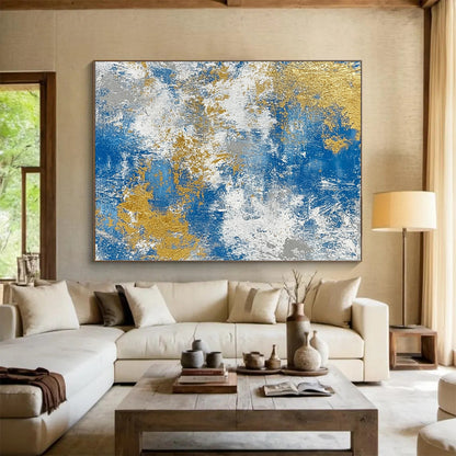 Handmade Art Blue, White, and Gold Abstract Textured Painting For Sale HS118