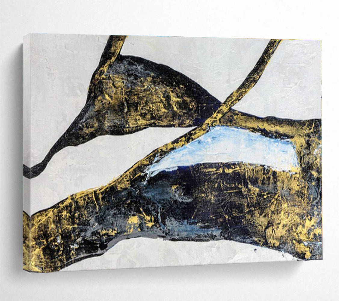 Black, Gold, Blue Abstract Shapes Painting, Abstract Acrylic Art WB009